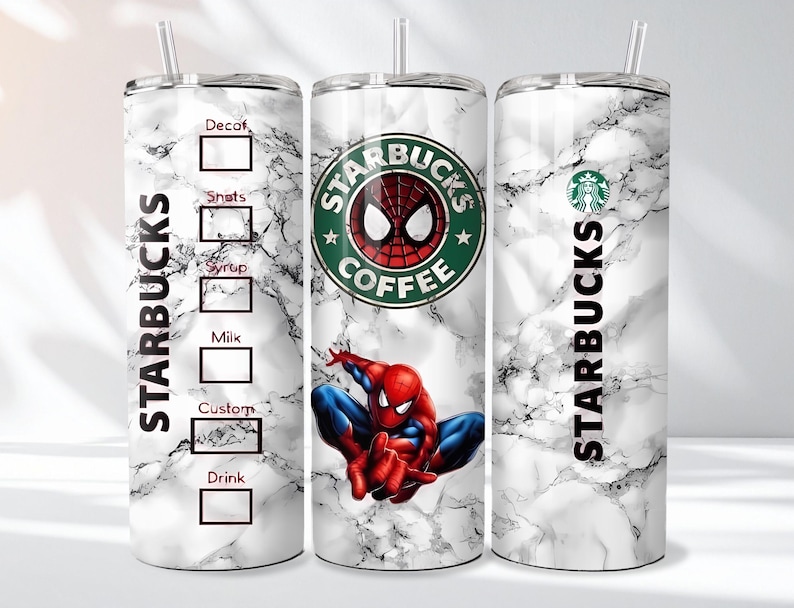 May include: A stainless steel tumbler with a marble effect and a straw. The tumbler features the Starbucks logo and a Spider-Man graphic. The tumbler has a custom drink order section and the Starbucks logo printed on the side.
