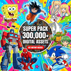 Op de afbeelding: Een digitale afbeelding met diverse tekenfilmfiguren waaronder SpongeBob SquarePants, Goku, Bugs Bunny, Optimus Prime, Spider-Man, Sonic en de Teenage Mutant Ninja Turtles met de tekst SUPER PACK 300,000+ DIGITAL ASSETS.