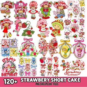 Könnte beinhalten: Eine Sammlung digitaler Grafiken zum Thema Strawberry Shortcake. Die Bilder zeigen die Figur in verschiedenen Posen, mit Erdbeeren, Schleifen und anderen dekorativen Elementen. Der Text "IT'S MY BIRTHAY" und "Strawberry Shortcake" sind ebenfalls enthalten.
