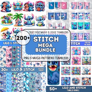 Op de afbeelding: Een verzameling Stitch-producten, waaronder mokken, bekers en digitale papieren. De afbeelding toont verschillende ontwerpen van het personage Stitch, met de tekst "STITCH MEGA BUNDLE" en "LILO & STITCH". De producten zijn in verschillende kleuren.
