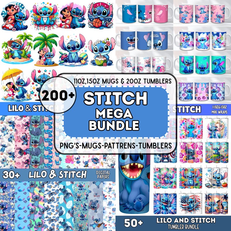 Op de afbeelding: Een verzameling Stitch-producten, waaronder mokken, bekers en digitale papieren. De afbeelding toont verschillende ontwerpen van het personage Stitch, met de tekst "STITCH MEGA BUNDLE" en "LILO & STITCH". De producten zijn in verschillende kleuren.