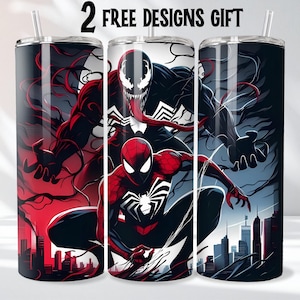 May include: Three stainless steel tumblers with superhero designs. One features Carnage, another Venom, and the third Spider-Man. The tumblers have black lids and straws, with a cityscape backdrop. The text "2 FREE DESIGNS GIFT" is at the top.