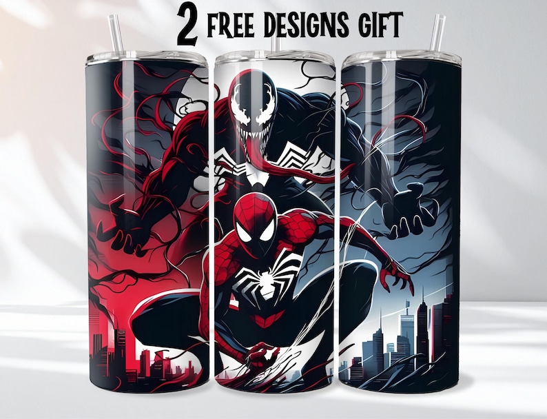 May include: Three stainless steel tumblers with superhero designs. One features Carnage, another Venom, and the third Spider-Man. The tumblers have black lids and straws, with a cityscape backdrop. The text "2 FREE DESIGNS GIFT" is at the top.
