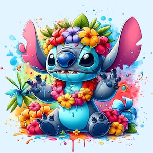 May include: A cartoon illustration of Stitch, a blue alien character, adorned with a floral lei and a flower crown. The image features a vibrant watercolor background with splashes of color and tropical flowers.