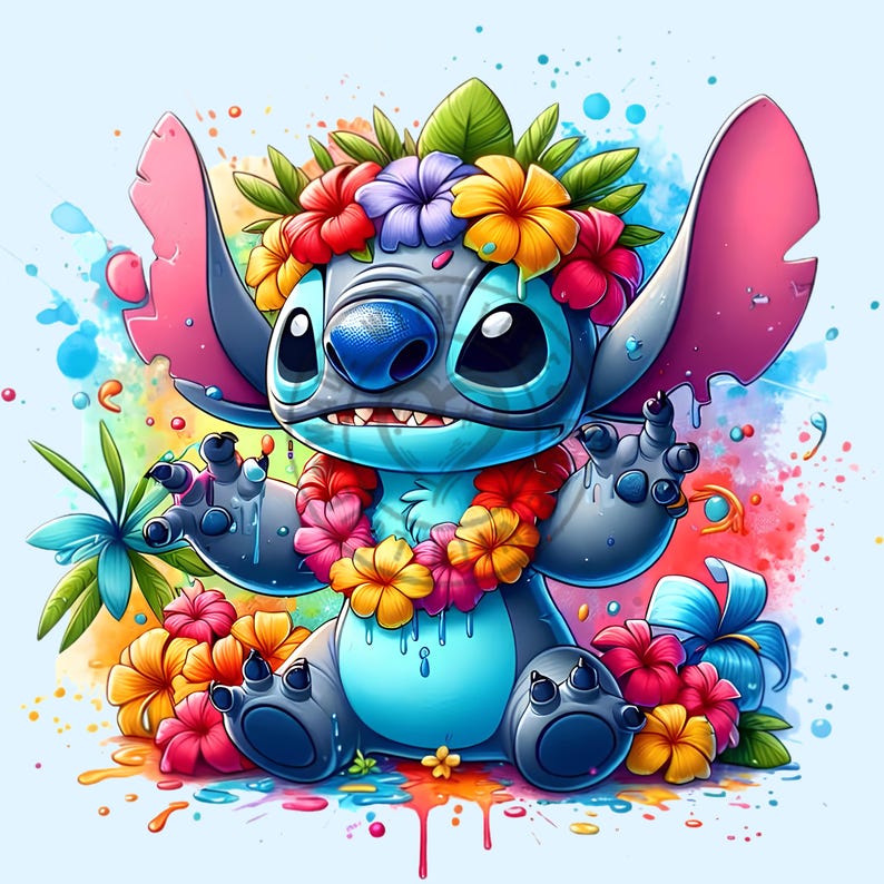 May include: A cartoon illustration of Stitch, a blue alien character, adorned with a floral lei and a flower crown. The image features a vibrant watercolor background with splashes of color and tropical flowers.