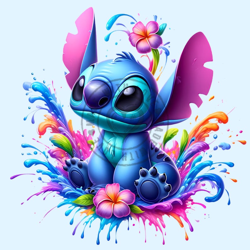 May include: A blue cartoon character with large black eyes and large ears, sitting amidst colorful paint splashes and flowers. The character has a blue body with purple accents and is surrounded by vibrant pink, orange, and blue paint.