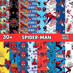 K&ouml;nnte beinhalten: Eine Sammlung digitaler Papiere zum Thema Spider-Man. Die Designs zeigen Spider-Man in verschiedenen Posen, Spinnennetze und Comic-Elemente. Die Farbpalette umfasst Rot, Blau und Wei&szlig;. Der Text "30+ Spider-Man Digital Papers" wird angezeigt.