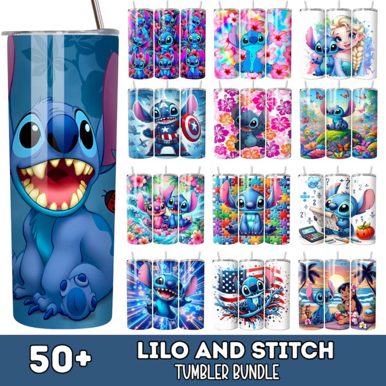 Op de afbeelding: Een verzameling Lilo en Stitch-thema bekers. De bekers hebben verschillende ontwerpen, waaronder Stitch met de Amerikaanse vlag, bloemenpatronen en andere afbeeldingen. De afbeelding bevat ook de tekst "50+ Lilo and Stitch Tumbler Bundle."