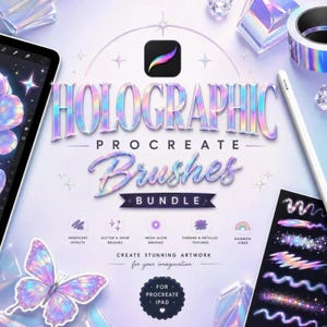 Puede incluir: Un conjunto de arte digital titulado HOLOGRAPHIC PROCREATE BRUSHES BUNDLE con texto iridiscente, un gráfico de mariposa y una tableta. El diseño incluye iconos para efectos iridiscentes, brillo, neón, texturas cromadas y vibraciones arcoíris.