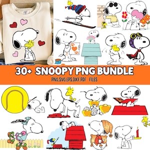 Puede incluir: Una colección de imágenes PNG de Snoopy en varias poses, como esquiando, sosteniendo corazones y usando gafas de aviador. Las imágenes están acompañadas por el texto "30+ SNOOPY PNG BUNDLE" e información del tipo de archivo.