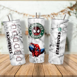 May include: Three Starbucks tumblers with a marble effect. One features the Starbucks logo with a Spider-Man graphic. The other two have the Starbucks logo and a drink customisation chart. Each tumbler has a silver straw.