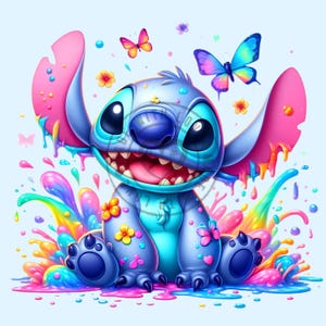 May include: A vibrant illustration of a blue cartoon character with large ears, a wide grin, and big eyes. The character is surrounded by colorful paint splashes, butterflies, and flowers. The color palette includes shades of blue, pink, yellow, and green.