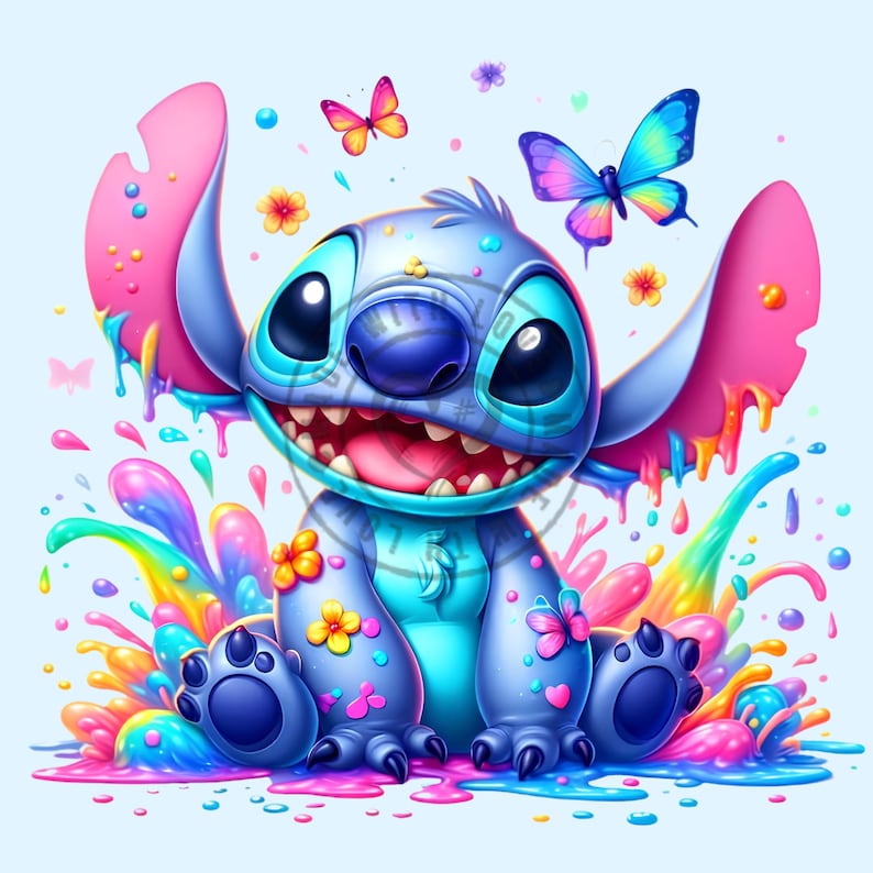 May include: A vibrant illustration of a blue cartoon character with large ears, a wide grin, and big eyes. The character is surrounded by colorful paint splashes, butterflies, and flowers. The color palette includes shades of blue, pink, yellow, and green.