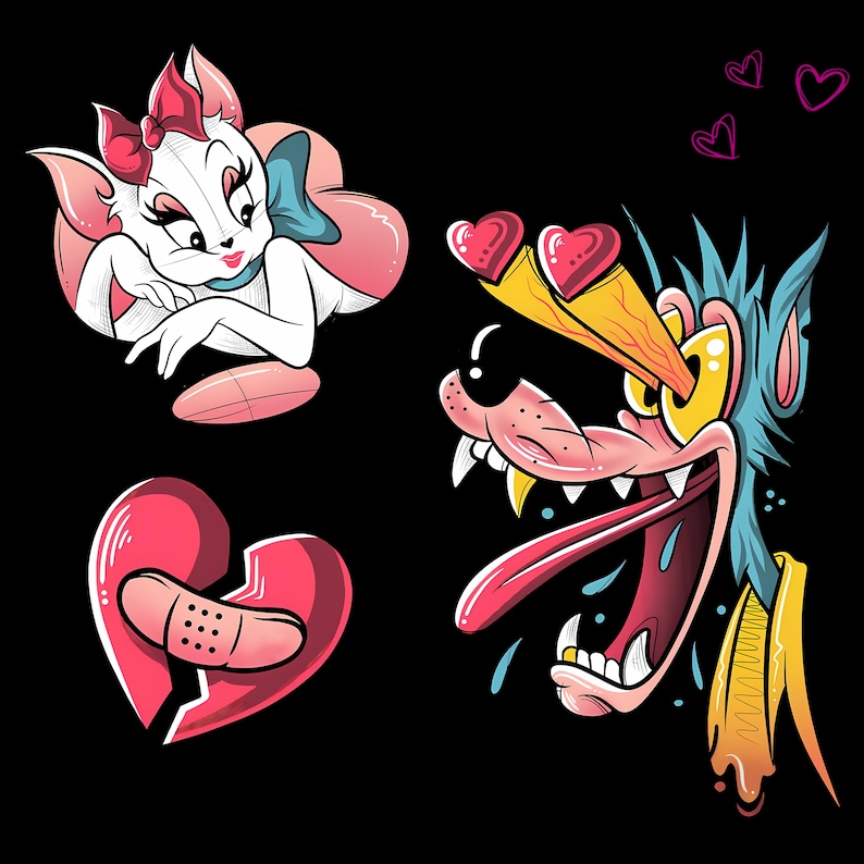 May include: Cartoon-style illustration on a black background. Features a white cat with a pink bow, a lovesick wolf with heart-shaped eyes, and a broken heart with a bandage. Pink hearts float above the wolf.