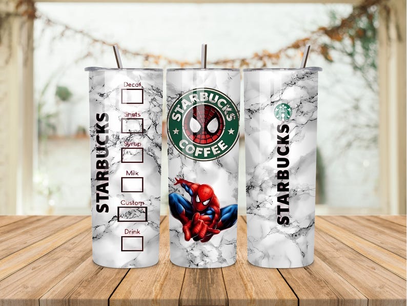 May include: Three stainless steel Starbucks tumblers with a marble design. One tumbler features the Starbucks logo and a Spider-Man graphic. The other two tumblers have the Starbucks logo and a section for drink customization.