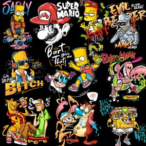 May include: A black graphic featuring various cartoon characters in a graffiti art style. Characters include Bart Simpson, Super Mario, Bender, and others. Text includes "SUPER MARIO BROS.", "Bart give me that!", and "Make the day!"