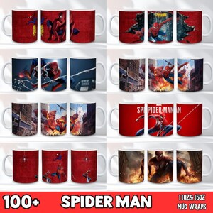 K&ouml;nnte beinhalten: Sammlung wei&szlig;er Keramikbecher mit Spider-Man-Designs. Die Becher zeigen verschiedene Actionposen und Szenen mit leuchtenden Farben und dynamischen Kompositionen. Einige Becher haben einen roten Hintergrund, andere Stadtlandschaften.
