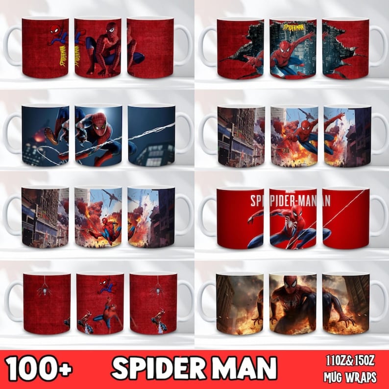 K&ouml;nnte beinhalten: Sammlung wei&szlig;er Keramikbecher mit Spider-Man-Designs. Die Becher zeigen verschiedene Actionposen und Szenen mit leuchtenden Farben und dynamischen Kompositionen. Einige Becher haben einen roten Hintergrund, andere Stadtlandschaften.