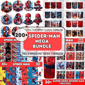 K&ouml;nnte beinhalten: Eine Sammlung von Spider-Man-Produkten, darunter Tassen, Becher und digitale Papiere. Das Bild zeigt verschiedene Designs des Superhelden, mit dem Text "200+ SPIDER-MAN MEGA BUNDLE" und "30+ SUPER HERO SPIDER MAN TUMBLER BUNDLE".
