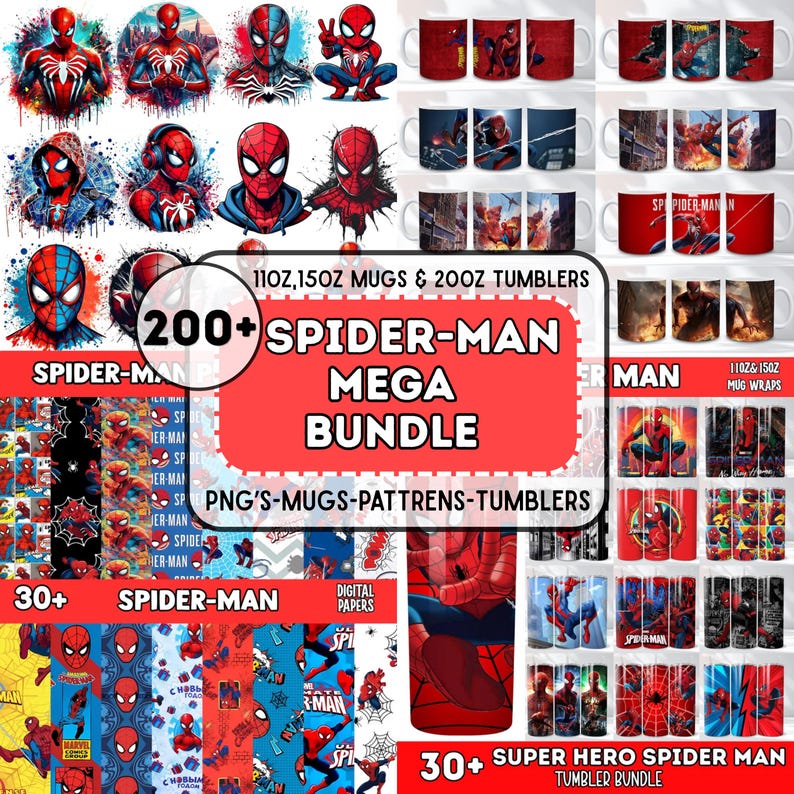 K&ouml;nnte beinhalten: Eine Sammlung von Spider-Man-Produkten, darunter Tassen, Becher und digitale Papiere. Das Bild zeigt verschiedene Designs des Superhelden, mit dem Text "200+ SPIDER-MAN MEGA BUNDLE" und "30+ SUPER HERO SPIDER MAN TUMBLER BUNDLE".