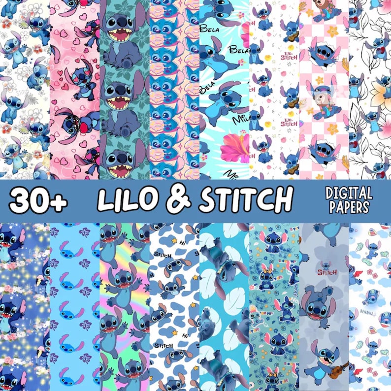 Op de afbeelding: Een verzameling digitale papieren met het personage Stitch uit Lilo & Stitch. De papieren tonen verschillende patronen met Stitch in verschillende poses, tegen achtergronden van roze, blauwe en bloemmotieven. Tekst op de afbeelding luidt "30+ LILO & STITCH DIGITAL PAPERS."