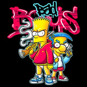 May include: A digital illustration featuring two yellow cartoon characters, one holding a smoking object and the other a gun. The characters are wearing red and blue clothing. The words "Bad Guys" are written in graffiti style in pink and blue.