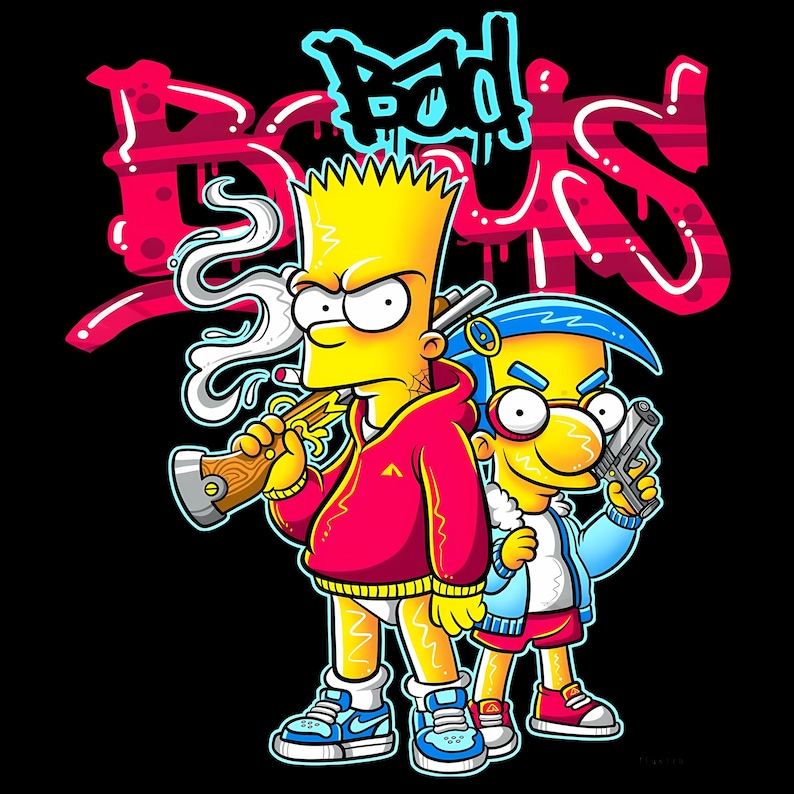 May include: A digital illustration featuring two yellow cartoon characters, one holding a smoking object and the other a gun. The characters are wearing red and blue clothing. The words "Bad Guys" are written in graffiti style in pink and blue.