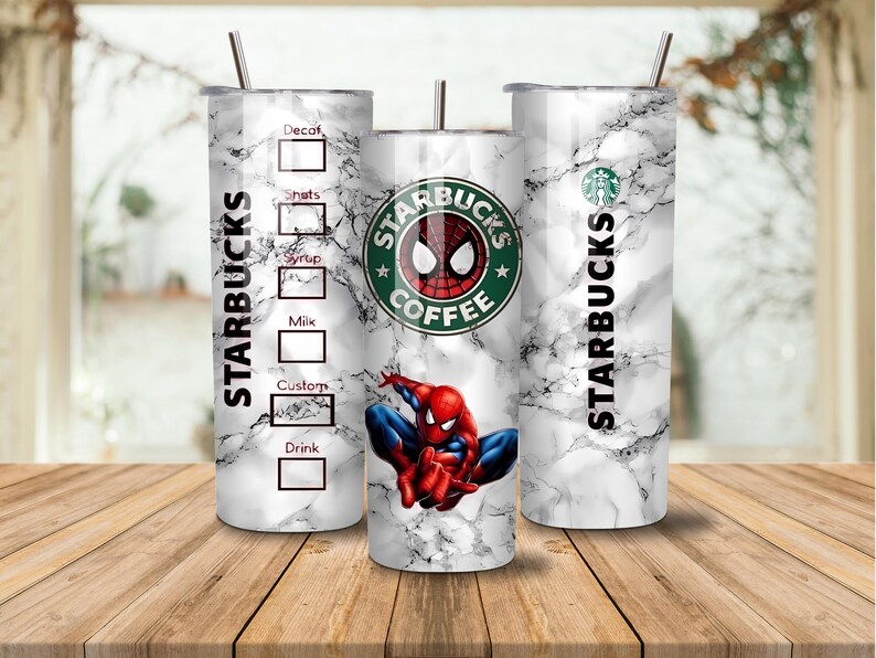 May include: Three stainless steel Starbucks tumblers with a marble effect. One features a Spider-Man graphic and the Starbucks logo. The other two have the Starbucks logo and a drink customization chart. Each tumbler has a silver straw.
