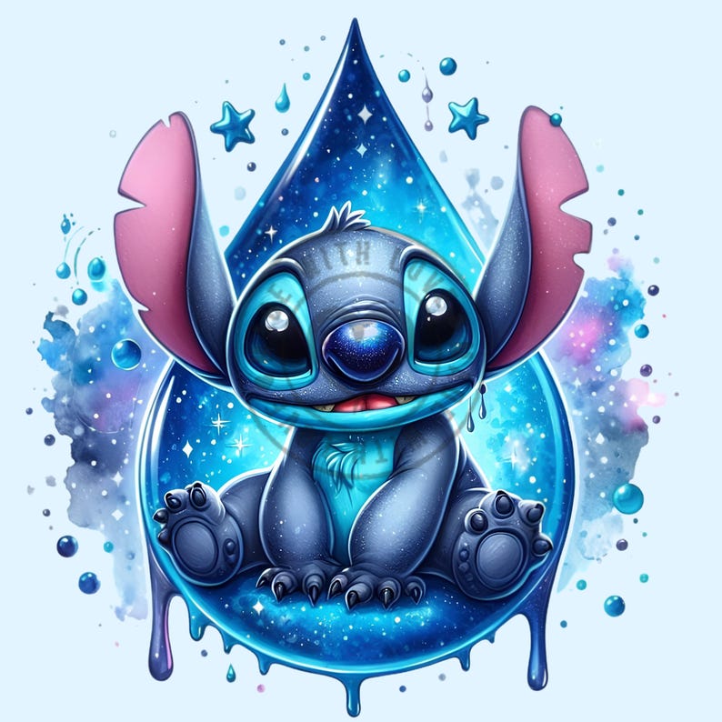 May include: A digital illustration of the character Stitch from Lilo & Stitch. Stitch is depicted in a blue and purple color palette, sitting inside a blue water droplet with a starry background. The image has a watercolor effect.
