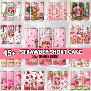 May include: A collection of 20oz tumblers featuring various designs with a strawberry shortcake theme. The tumblers showcase images of the character, strawberries, and the text "Strawberry Shortcake". The bundle includes over 45 tumblers with different patterns and colors.