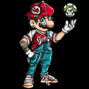 May include: Illustration of a cartoon character in a red cap and shirt with the word "Drip" on it, blue overalls, and red shoes. The character has a tattoo of a mushroom on their arm and is holding a green and white 1-Up mushroom.