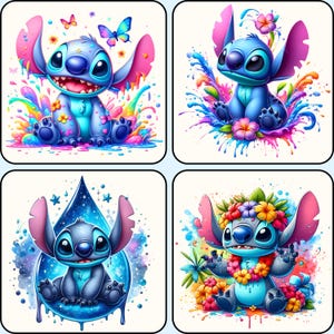 May include: Four colorful illustrations of the character Stitch from the Disney movie Lilo & Stitch. Each image features Stitch in different poses with vibrant backgrounds of flowers, butterflies, and splashes of color.