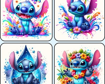 4 Stitch Floral Watercolor PNG Design, Sublimation T-shirt Art (Digital Download)