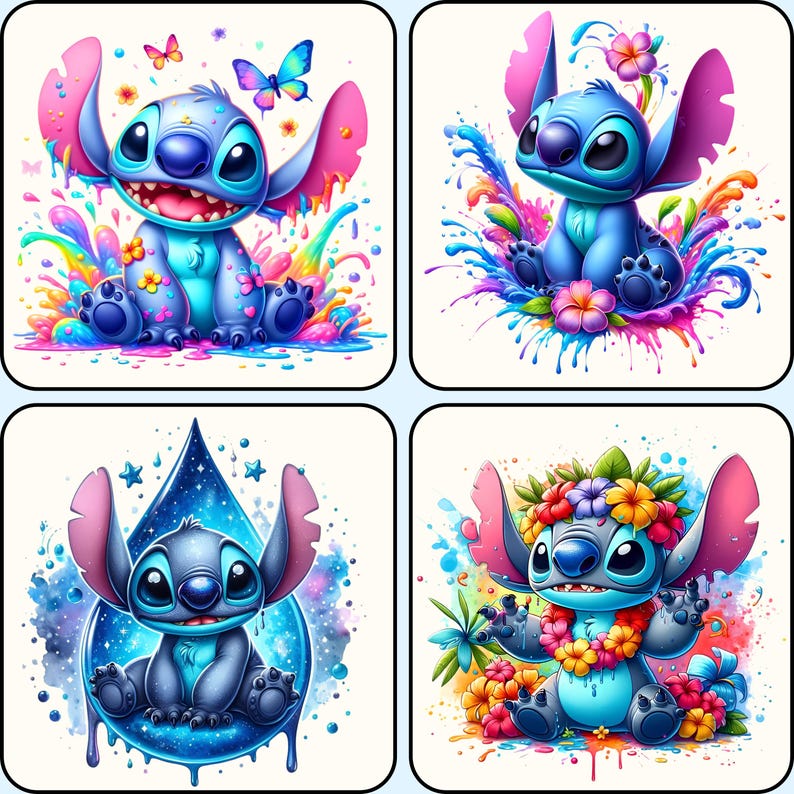 May include: Four colorful illustrations of the character Stitch from the Disney movie Lilo & Stitch. Each image features Stitch in different poses with vibrant backgrounds of flowers, butterflies, and splashes of color.