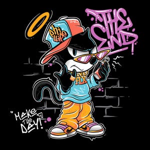 May include: A cartoon illustration of a black cat wearing a backwards baseball cap, sunglasses, and orange pants. The cat is giving the middle finger and holding a small object. Graffiti text says "The End" and "Make the Day!"