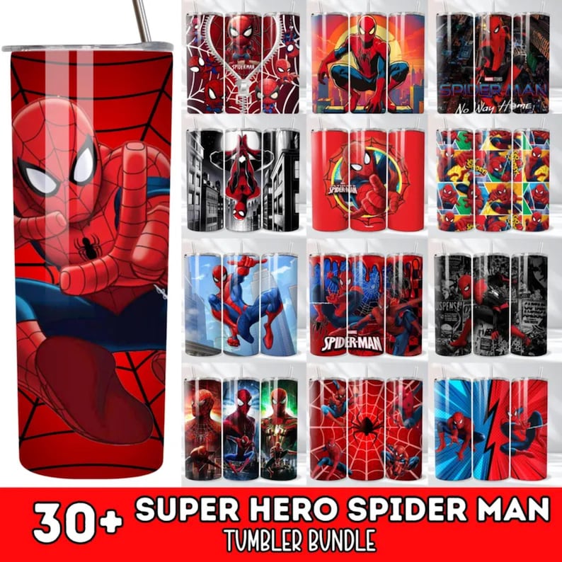 K&ouml;nnte beinhalten: Eine Sammlung von Spider-Man-Tumblern in verschiedenen Designs. Die Tumbler zeigen Bilder von Spider-Man in Actionposen, mit roten und blauen Farbschemata. Der Text "30+ SUPER HERO SPIDER MAN TUMBLER BUNDLE" ist unten zu sehen.