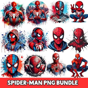 K&ouml;nnte beinhalten: Eine Sammlung von Spider-Man-PNG-Bildern in verschiedenen Posen und Stilen. Die Bilder zeigen den ikonischen rot-blauen Anzug mit wei&szlig;en Spinnenemblemen. Einige Bilder haben einen Aquarell-Effekt, und der Text "SPIDER-MAN PNG BUNDLE" befindet sich unten.