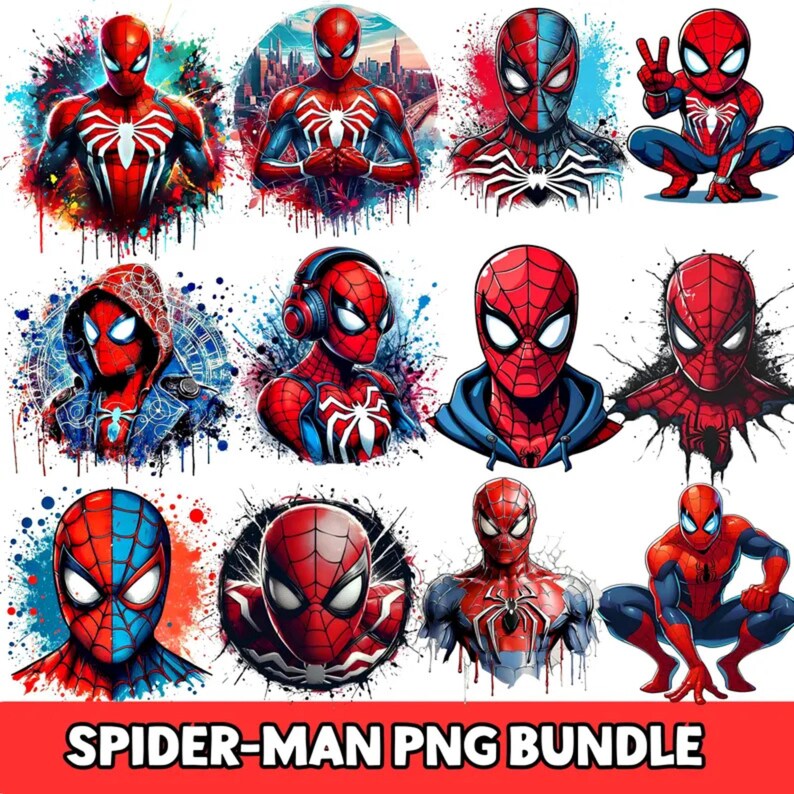 K&ouml;nnte beinhalten: Eine Sammlung von Spider-Man-PNG-Bildern in verschiedenen Posen und Stilen. Die Bilder zeigen den ikonischen rot-blauen Anzug mit wei&szlig;en Spinnenemblemen. Einige Bilder haben einen Aquarell-Effekt, und der Text "SPIDER-MAN PNG BUNDLE" befindet sich unten.