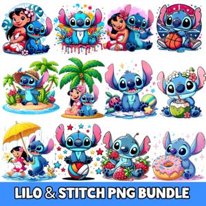 Op de afbeelding: Een verzameling kleurrijke PNG-afbeeldingen met de personages Lilo en Stitch. De afbeeldingen tonen Stitch in verschillende poses, waaronder het spelen met een basketbal, het drinken van een kokosdrankje en met Lilo. De tekst "LILO & STITCH PNG BUNDLE" staat onderaan.