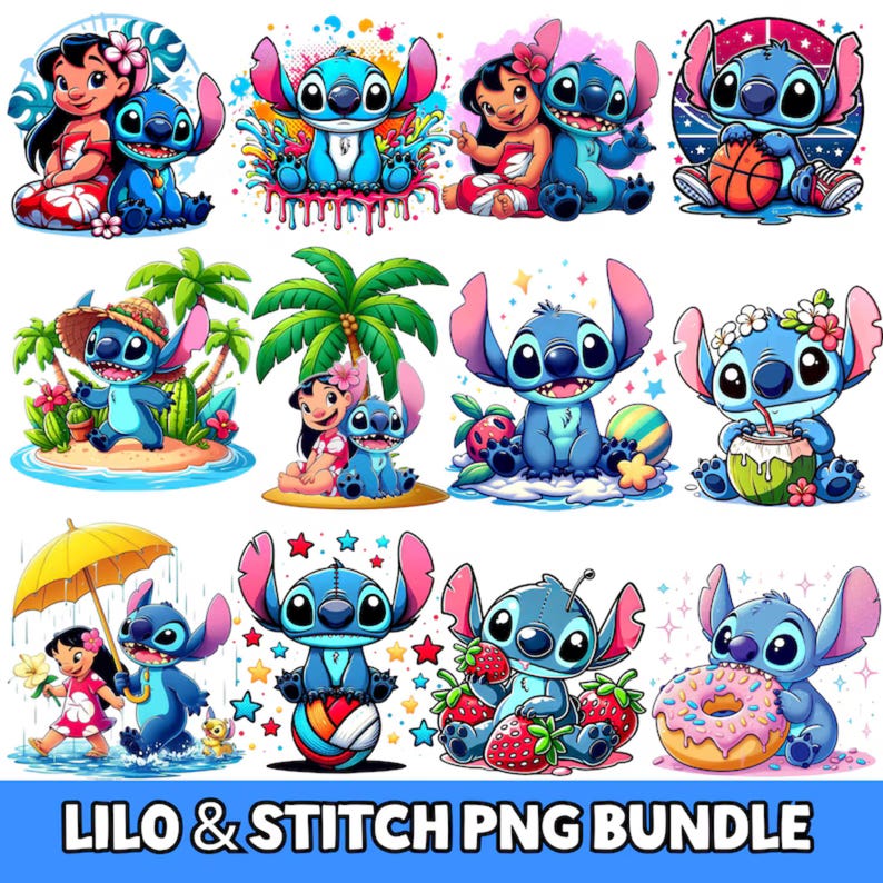 Op de afbeelding: Een verzameling kleurrijke PNG-afbeeldingen met de personages Lilo en Stitch. De afbeeldingen tonen Stitch in verschillende poses, waaronder het spelen met een basketbal, het drinken van een kokosdrankje en met Lilo. De tekst "LILO & STITCH PNG BUNDLE" staat onderaan.
