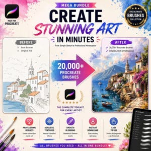 Könnte beinhalten: Eine digitale Produktwerbung für ein Procreate-Pinselpaket mit einem Vorher-Nachher-Vergleich einer Küstendorf-Illustration, Text mit der Angabe von über 20.000 Procreate-Pinseln sowie Symbolen für professionelle Ergebnisse und realistische Texturen.