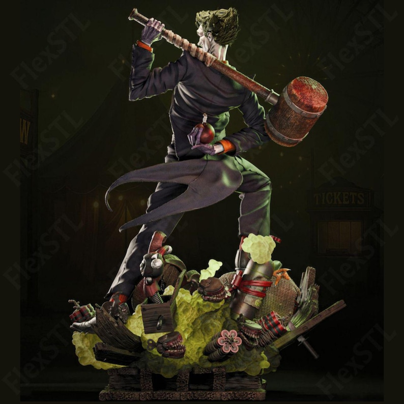 May include: A detailed figurine of a character in a dark suit, holding a large mallet. The figure stands on a base with debris and a green, cloud-like substance. The character has green hair and a sinister expression.