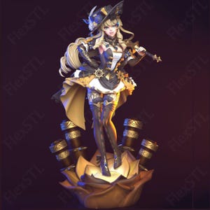Könnte beinhalten: Detaillierte Figur einer Frau in einem Fantasy-Outfit, mit Hut, Kleid und Stab. Die Figur steht auf einer blütenförmigen Basis mit dekorativen Elementen. Die Farbpalette umfasst Schwarz, Gold, Weiß und Blau.
