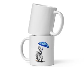 White Glossy Squirrel Umbrella Watercolor Mug, Cozy Rainy Day Animal Drinkware