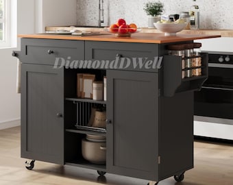 kitchen island cart – rolling black kitchen cart with drop leaf, 2 drawers, pull‑out shelf, spice rack for small kitchens