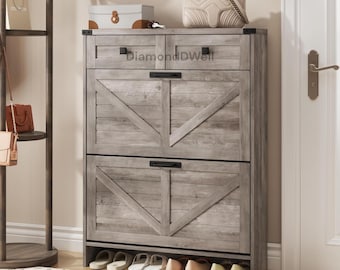 Farmhouse Shoe Cabinet with 2 Flip Drawers, Slim Entryway Shoe Storage Organizer with 2 Top Drawers, Narrow Freestanding Rack