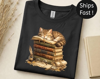 T-shirt slapende kattenboeken | Vintage Book Lover Cat T-shirt