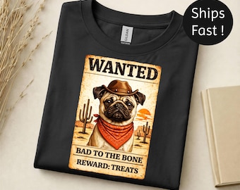 Koszulka vintage „Pug Wanted” | Koszulka „Cowboy Dog Bad to the Bone”