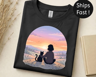T-shirt Cat Sunset, gezellig cadeau kattenliefhebber, grafisch shirt Peaceful Vibes
