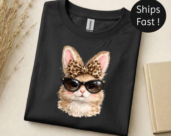 Shirt konijn met zonnebril, paasshirt met luipaardstrik